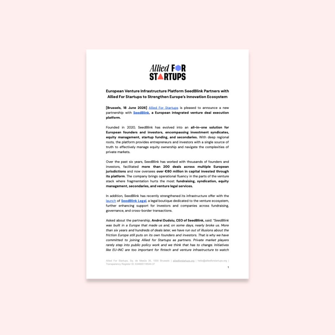 European Venture Infrastructure Platform SeedBlink Partners with Allied For Startups to Strengthen Europe’s Innovation Ecosystem