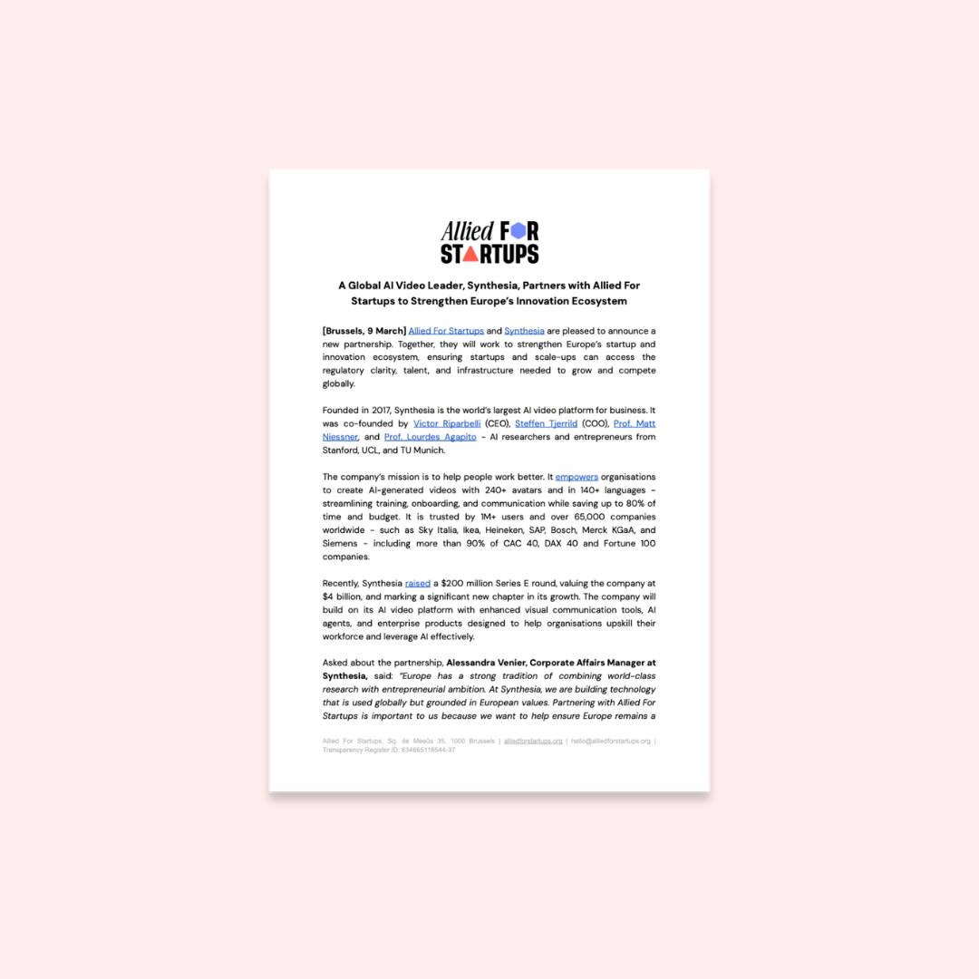 A Global AI Video Leader, Synthesia, Partners with Allied For Startups to Strengthen Europe’s Innovation Ecosystem