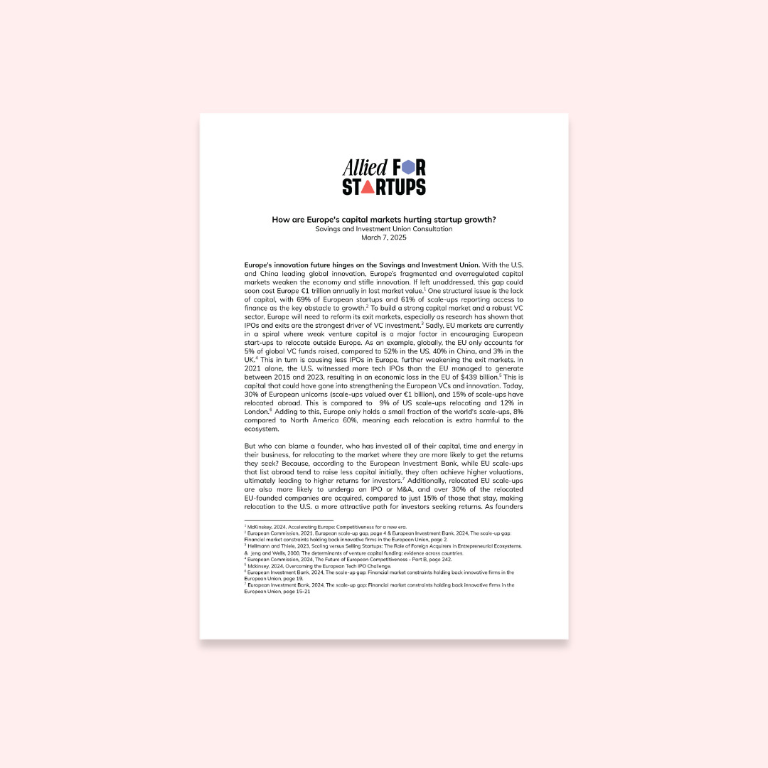 Allied For Startups’ Position on the Savings and Investment Union